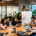 Thai entrepreneurs using AI powered business systems in a modern Southeast Asia office