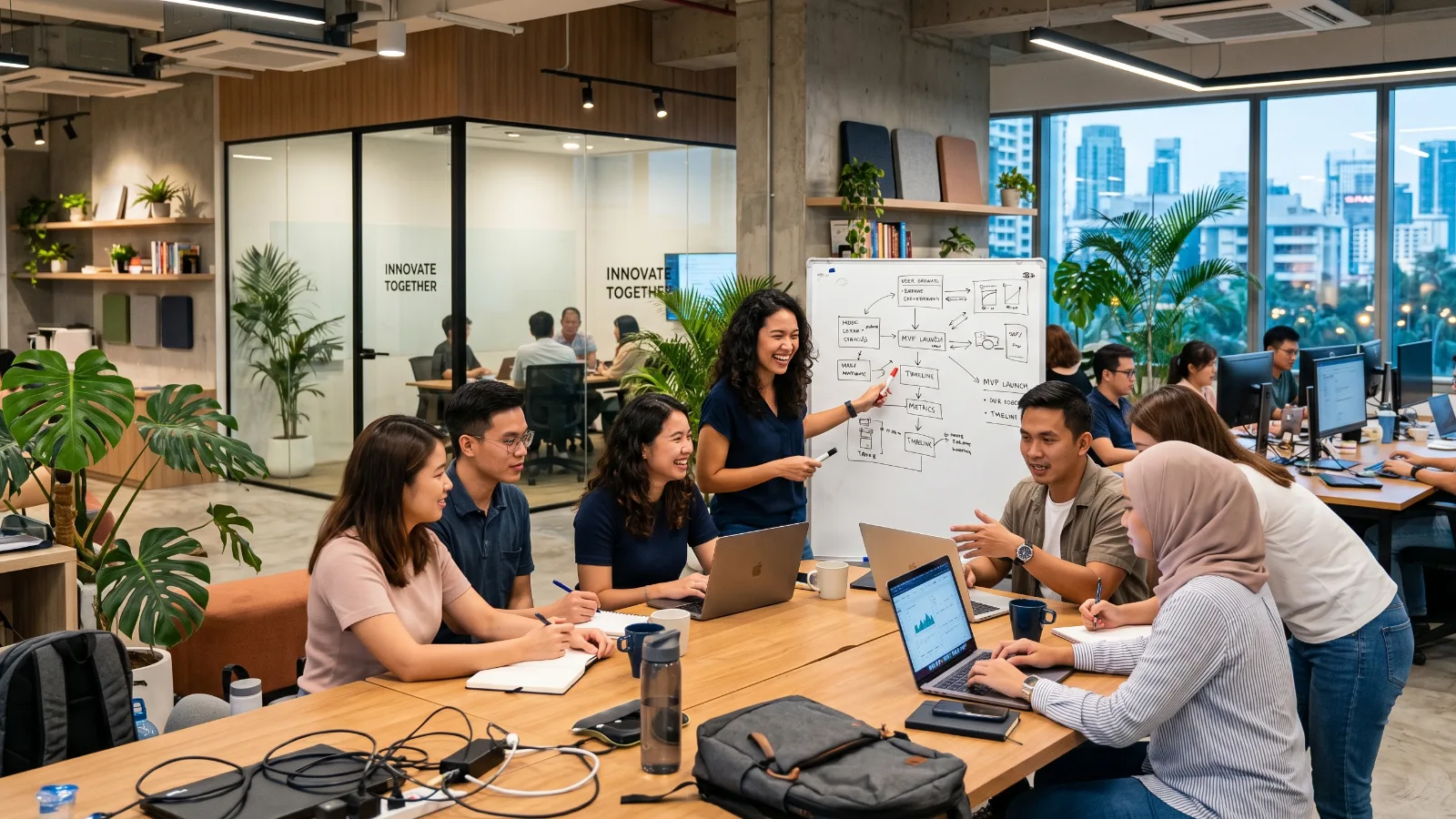 Thai entrepreneurs using AI powered business systems in a modern Southeast Asia office