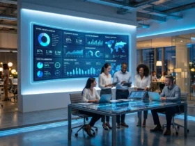 Asian ecommerce entrepreneur using AI powered business dashboard in modern Thailand office
