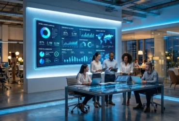 Asian ecommerce entrepreneur using AI powered business dashboard in modern Thailand office