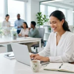 Young Asian professional managing long term investment portfolio in modern Thailand office