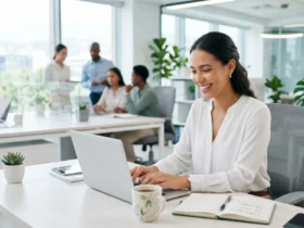 Young Asian professional managing long term investment portfolio in modern Thailand office