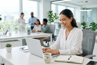 Young Asian professional managing long term investment portfolio in modern Thailand office