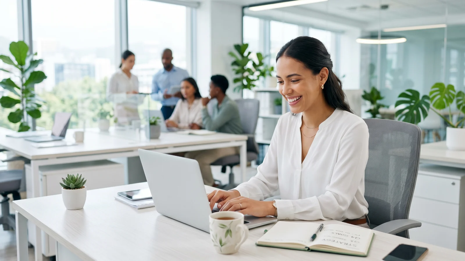 Young Asian professional managing long term investment portfolio in modern Thailand office