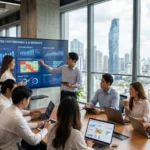 Thai startup team using AI business dashboards in a modern Bangkok office