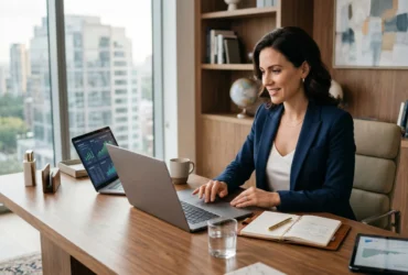Asian entrepreneur reviewing business cash flow and financial reserves in modern office