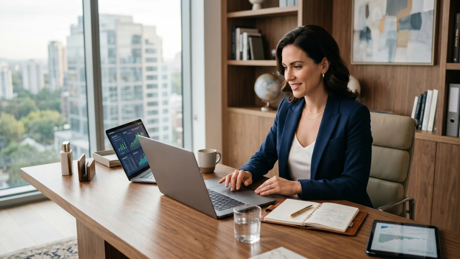 Asian entrepreneur reviewing business cash flow and financial reserves in modern office