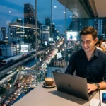 Thai investor using a mobile investment app in a modern Bangkok office environment