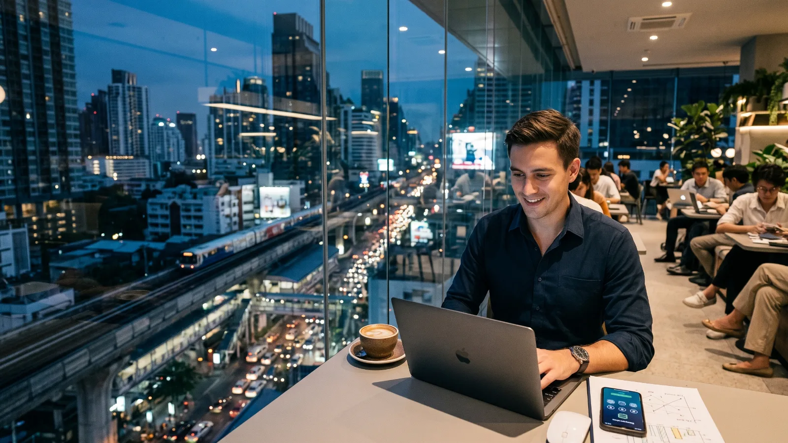 Thai investor using a mobile investment app in a modern Bangkok office environment