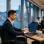 Executive using premium business laptop inside modern Bangkok office with fintech dashboards and AI workflow screens
