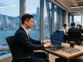 Executive using premium business laptop inside modern Bangkok office with fintech dashboards and AI workflow screens