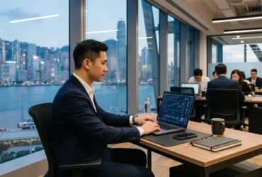 Executive using premium business laptop inside modern Bangkok office with fintech dashboards and AI workflow screens