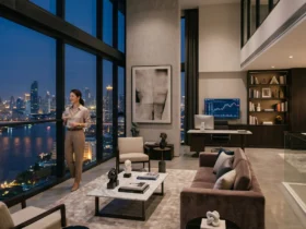 Successful Southeast Asian entrepreneur managing luxury business lifestyle from a modern Bangkok penthouse office