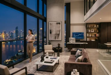 Successful Southeast Asian entrepreneur managing luxury business lifestyle from a modern Bangkok penthouse office