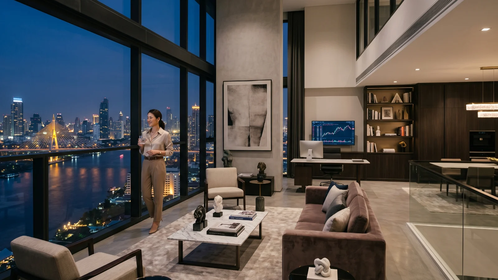 Successful Southeast Asian entrepreneur managing luxury business lifestyle from a modern Bangkok penthouse office
