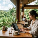 Digital entrepreneur working inside a luxury cafe workspace in Chiang Mai