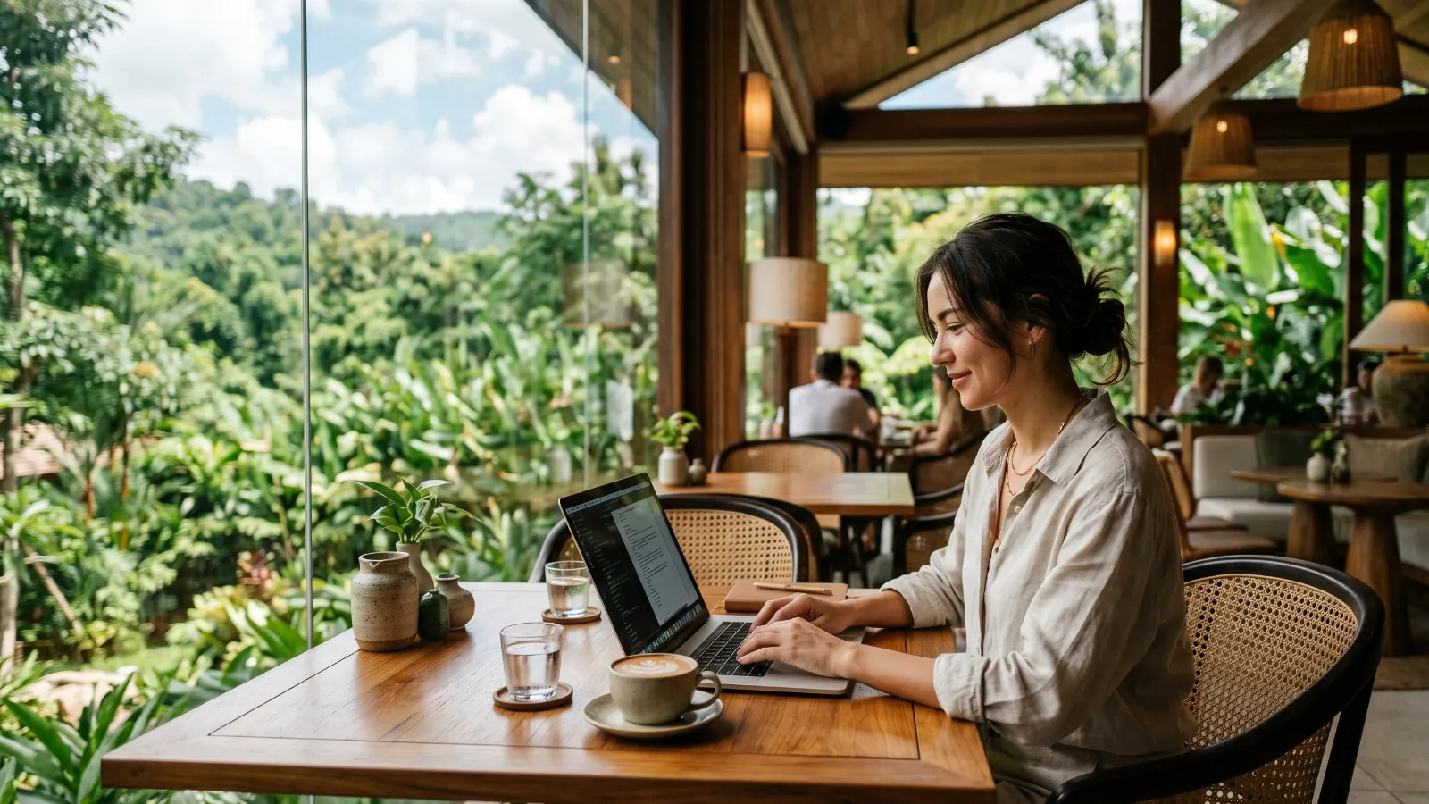 Digital entrepreneur working inside a luxury cafe workspace in Chiang Mai