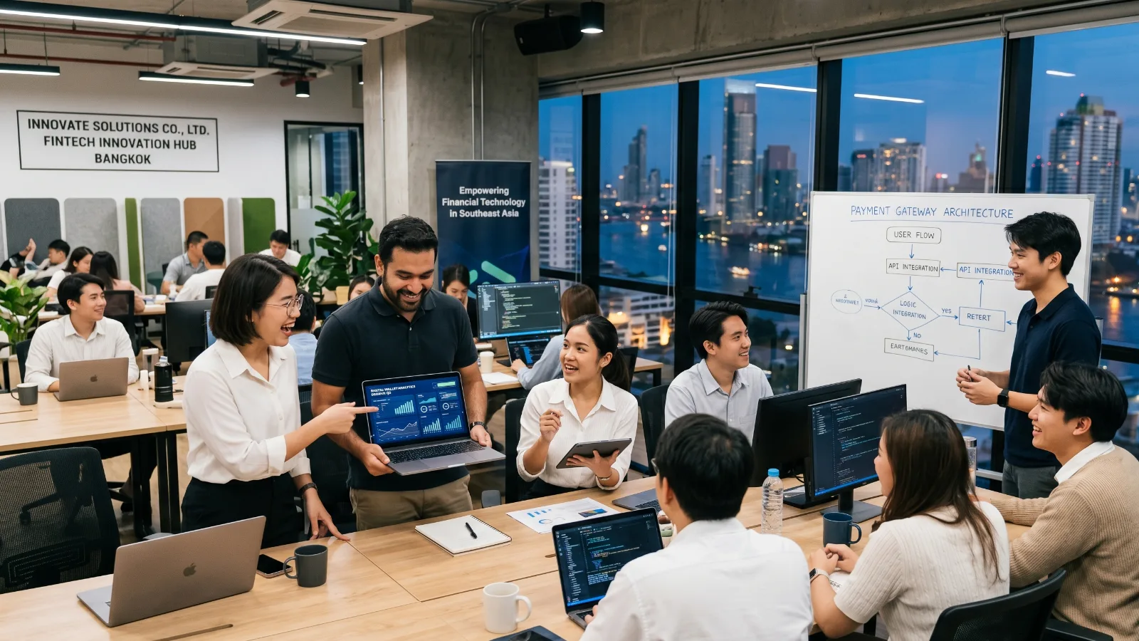 Thai business executives analyzing AI driven growth strategies in a modern Bangkok office