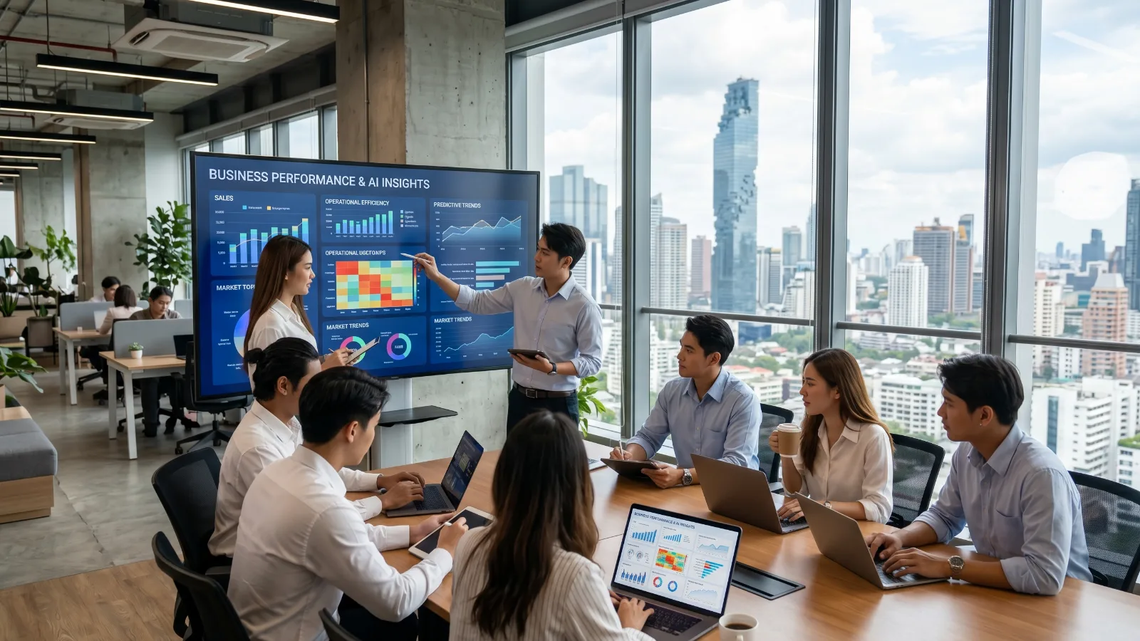 Thai startup team using AI business dashboards in a modern Bangkok office