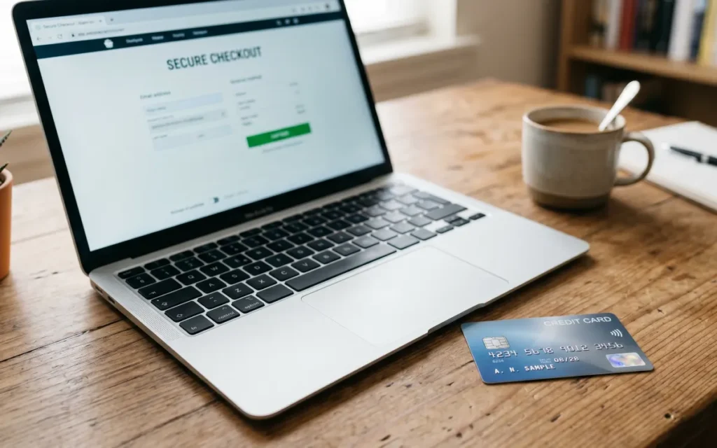 Entrepreneur managing travel rewards and digital banking payments from a premium workspace