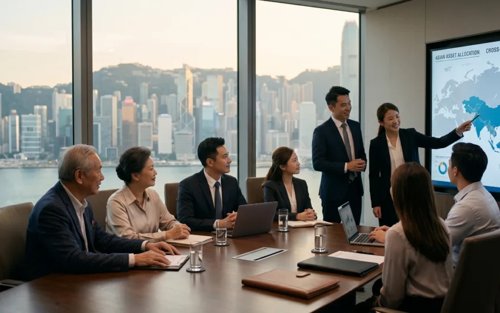 Private banking advisors discussing global wealth management strategies with investors