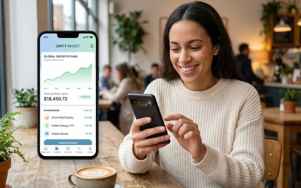 Young professional using automated mobile investment app for long term wealth management