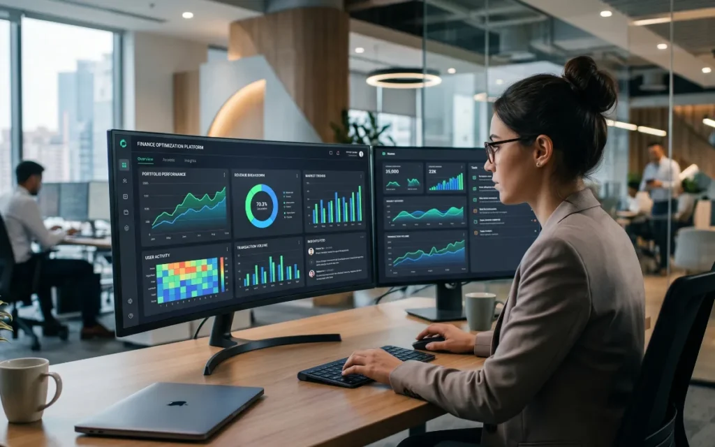 Entrepreneur using AI powered business automation and financial analytics dashboard