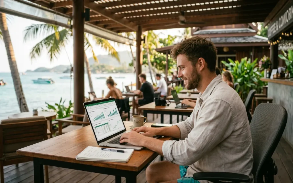 Digital nomad in Thailand managing passive income investments remotely