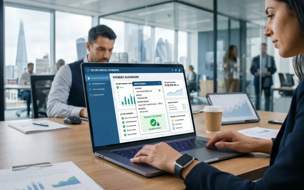 Entrepreneur monitoring digital payments and fintech business banking analytics on laptop