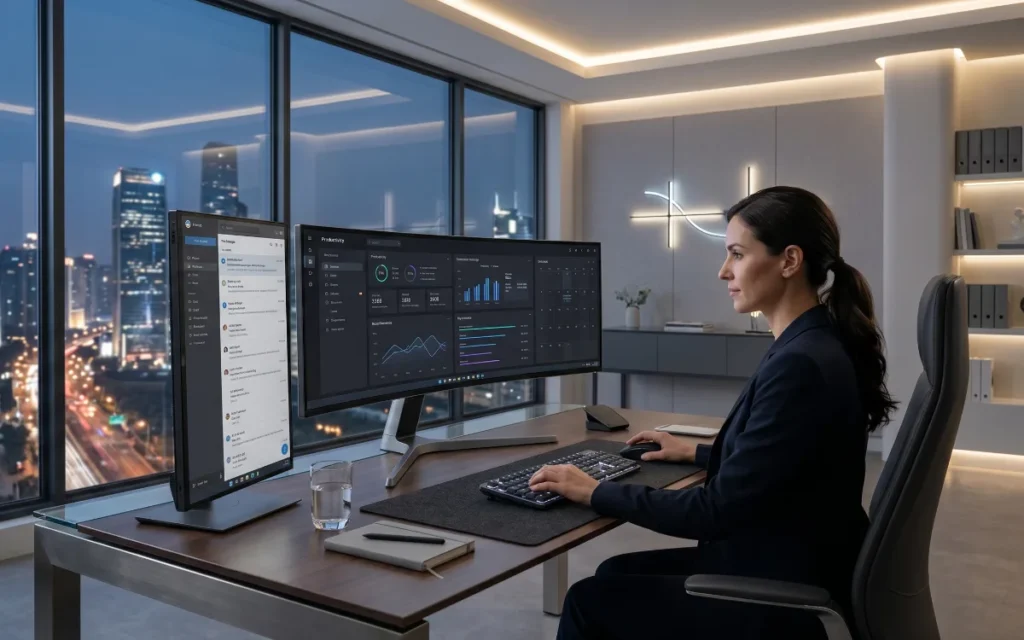 Entrepreneur using AI powered productivity and automation tools in modern office workspace