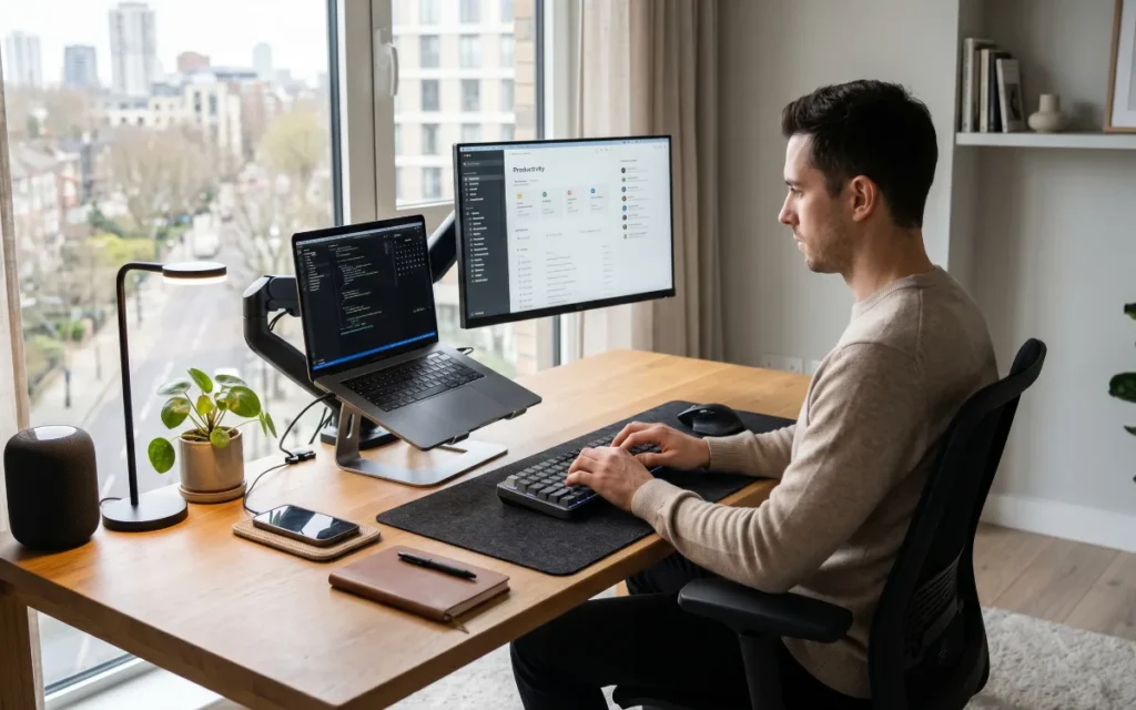 Advanced minimalist workspace with hidden technology integration