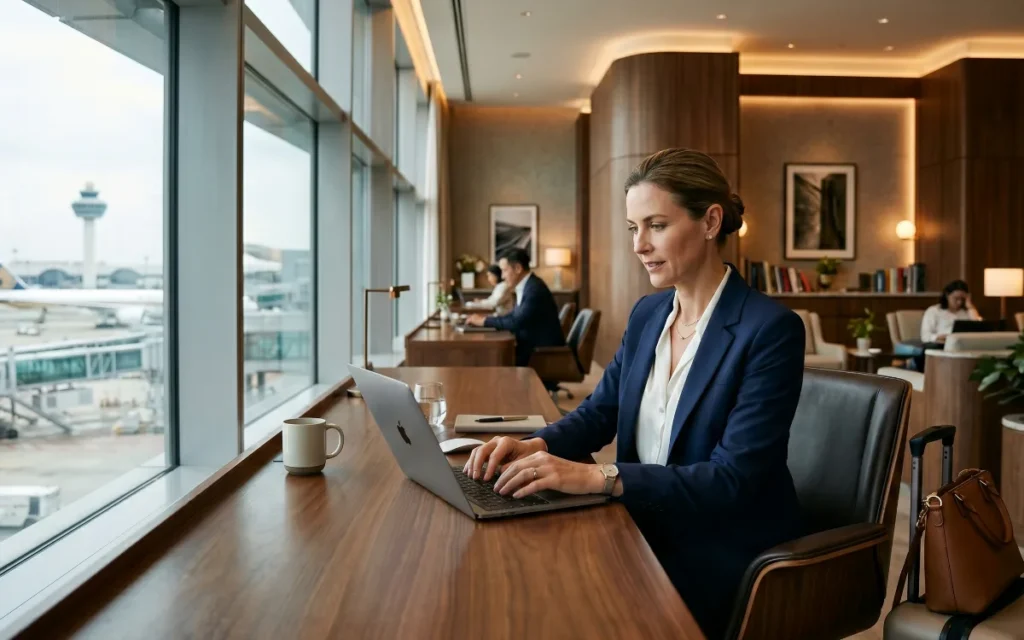 Business executive working inside a premium airport lounge