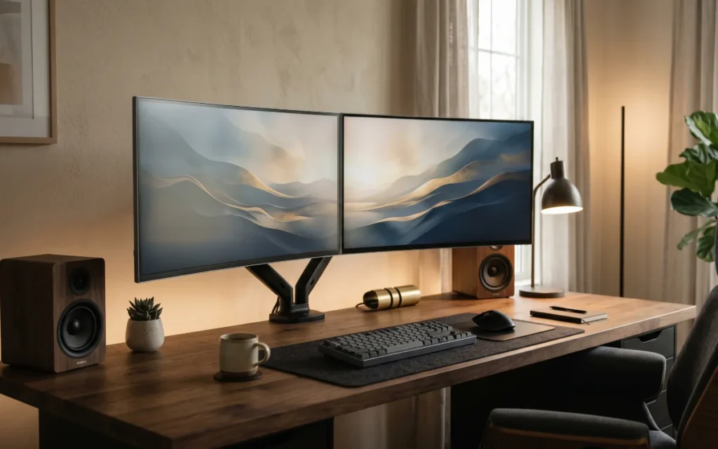 Ultra wide monitor workspace displaying business analytics and productivity dashboards