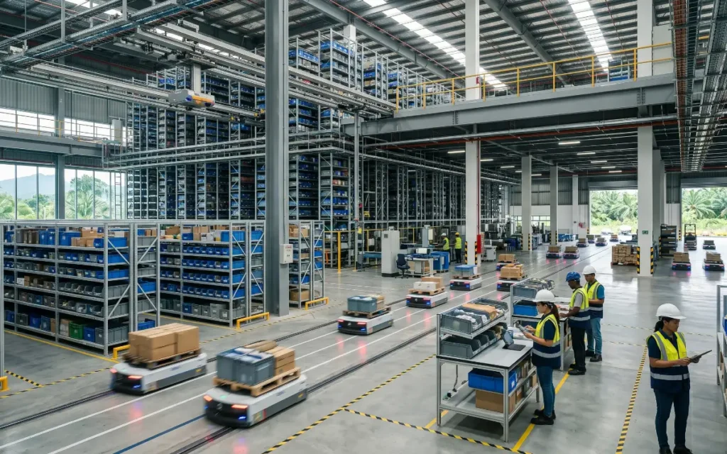 Smart warehouse and AI logistics dashboard optimizing inventory management across Southeast Asia