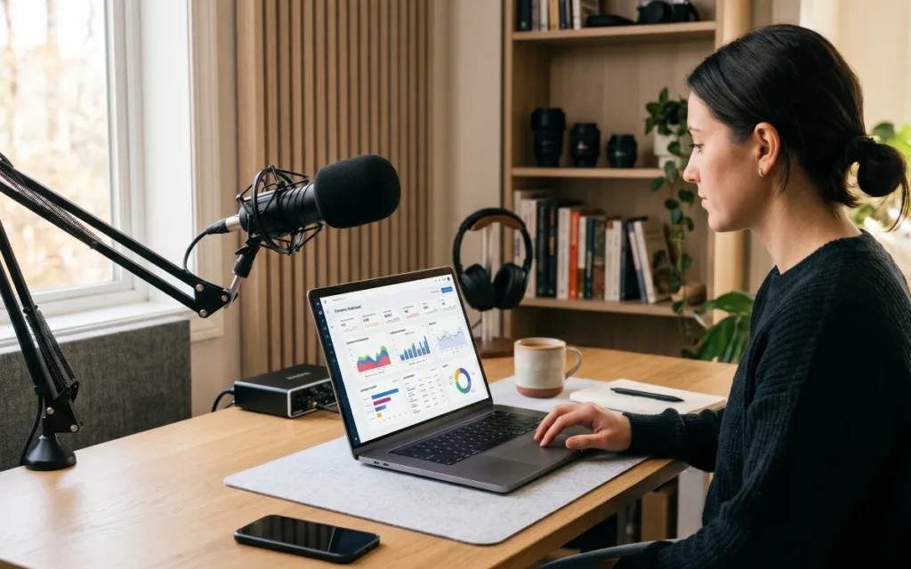 Business executive using AI tools and cloud software for personal brand content creation