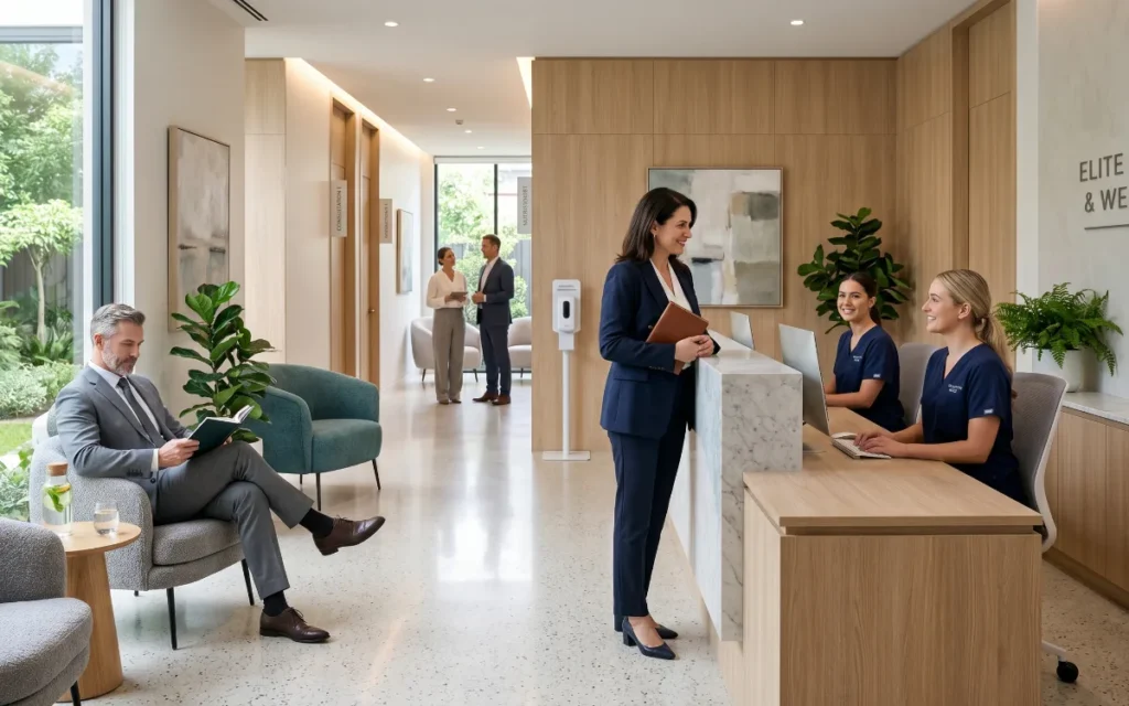 Executive receiving premium wellness and preventive health diagnostics at luxury medical clinic