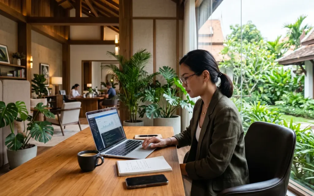 Startup founder using premium laptop for AI automation and cloud business management in Chiang Mai coworking space