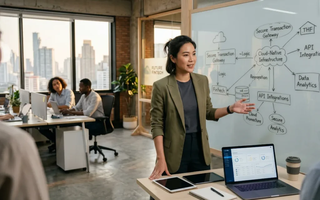 Thai entrepreneur using AI automation and premium SaaS dashboards to scale business operations