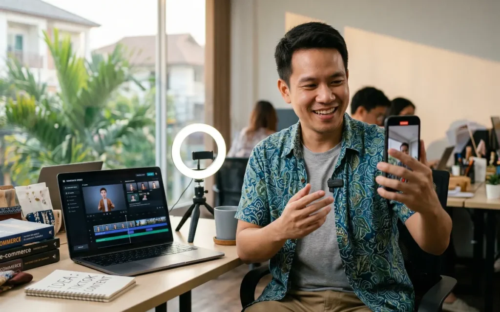 Digital marketer using AI video generator tools for social media growth