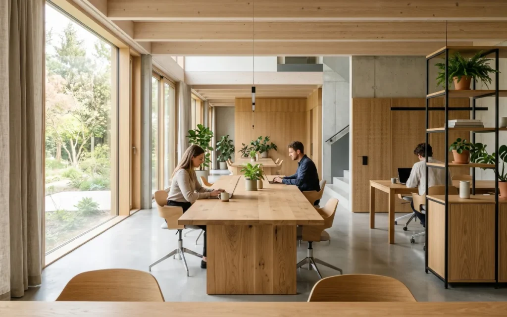 Premium minimalist office with sustainable materials and biophilic design