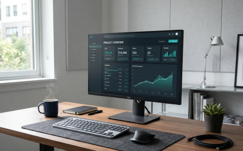 Micro SaaS business dashboard displayed on a laptop in a modern startup workspace
