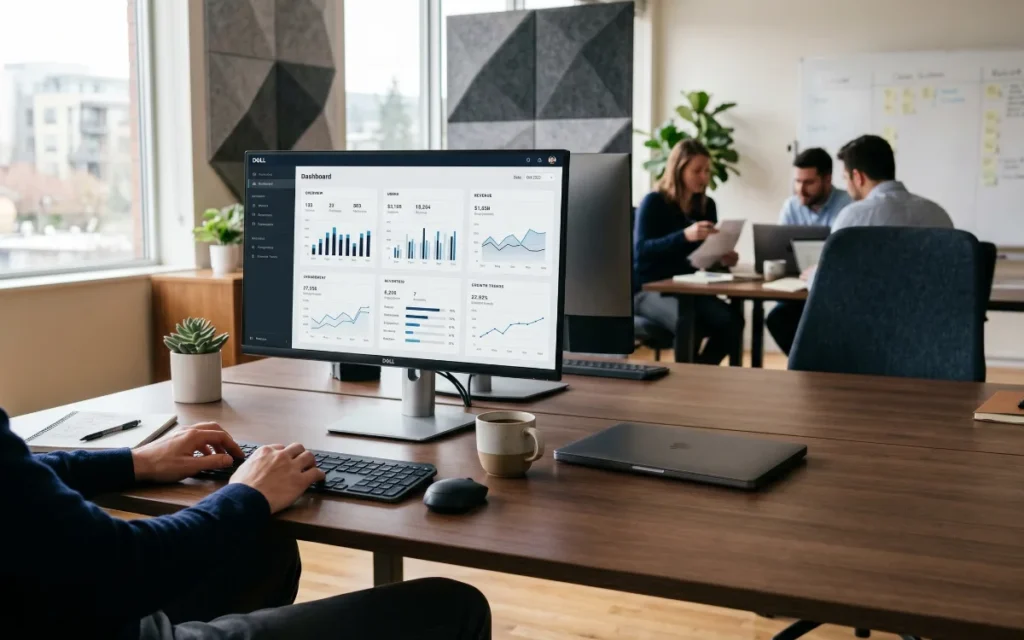Enterprise SaaS analytics dashboard displayed inside a modern startup office