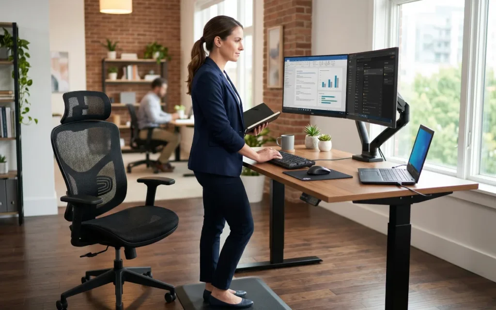 Ergonomic standing desk and premium chair setup for high performance work sessions